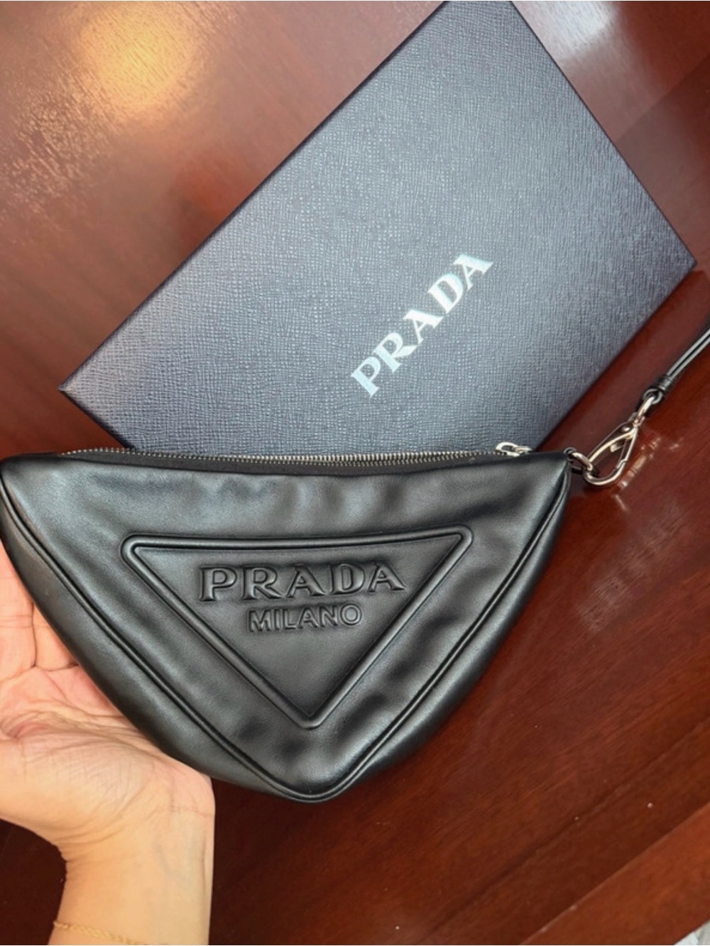 Prada Black Leather Triangle Wristlet